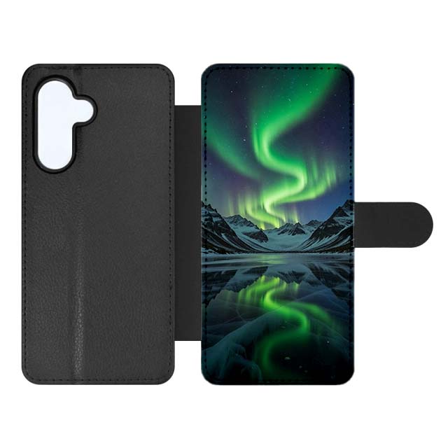 Knížkové pouzdro Creative Case 15 Polární záře – Samsung Galaxy A54 5G | Levné Kryty | Levné Kryty Black leather flip-style smartphone case with a magnetic strap; inner cover shows a vivid aurora over snowy mountains as the wallpaper. | Levné Kryty