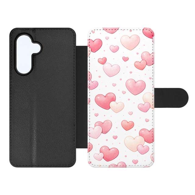 Knížkové pouzdro Creative Case 19 Srdíčka – Samsung Galaxy A15 4G/5G | Levné Kryty | Levné Kryty Black flip phone case with a white heart-patterned front cover featuring pink and peach hearts on the right side, black back on the left. | Levné Kryty