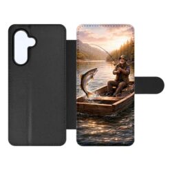 Knížkové pouzdro Creative Case 20 Rybář – Samsung Galaxy A16 | Levné Kryty | Levné Kryty Black flip-style phone case with a photo of a man fishing from a wooden boat on a lake at sunset, catching a fish | Levné Kryty