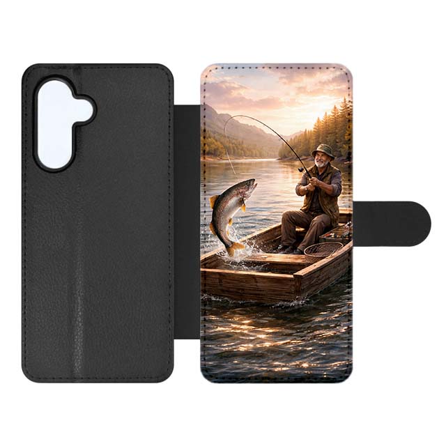 Knížkové pouzdro Creative Case 20 Rybář – Samsung Galaxy A16 | Levné Kryty | Levné Kryty Black flip-style phone case with a photo of a man fishing from a wooden boat on a lake at sunset, catching a fish | Levné Kryty