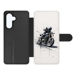 Knížkové pouzdro Creative Case 23 Motorkář – Samsung Galaxy A16 | Levné Kryty | Levné Kryty Wallet-style phone case: black exterior with a white inner panel showing a motorbike rider in action; side tab closure visible. | Levné Kryty