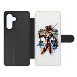 Flip-style phone case with a graphic of a muscular woman flexing in a gym on the inner panel. | Levné Kryty