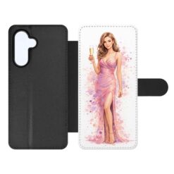 Knížkové pouzdro Creative Case 25 Žena se Šampaňským – Samsung Galaxy A17 5G | Levné Kryty | Levné Kryty Black flip-style phone case with a white panel displaying a woman in a pink dress holding a champagne glass. | Levné Kryty