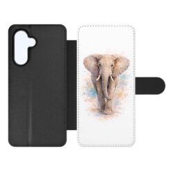 Phone case with black exterior and white inner panel featuring an elephant illustration by the tab closure on the right side | Levné Kryty