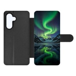 Black leather-style flip phone case opened to show a smartphone displaying an aurora borealis landscape. | Levné Kryty