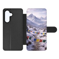 Black folio phone case showing a snowy mountain scene with colorful prayer flags on the inner cover. | Levné Kryty