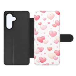 Open flip-style phone case with black left panel and white right panel covered in pink hearts; magnetic strap on the side. | Levné Kryty