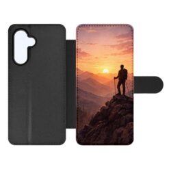Phone case (flip cover) showing a hiker on a rocky ridge at sunset on the front panel to represent the product image​/​advertisement sense. | Levné Kryty