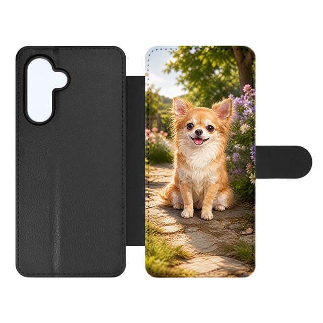 Knížkové pouzdro Creative Case 31 Čivava – Samsung Galaxy A55 5G | Levné Kryty | Levné Kryty Black folio phone case opened to show a photo of a small brown Chihuahua sitting on a stone path in a sunny garden | Levné Kryty