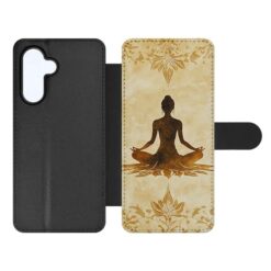 Black flip-style phone case with a beige front panel showing a meditating silhouette and ornate floral border. | Levné Kryty