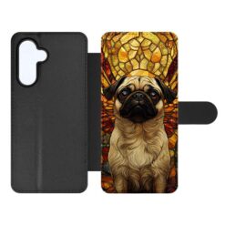 Phone wallet case opened to reveal a pug portrait on a stained-glass background, with a black exterior cover on the left. | Levné Kryty