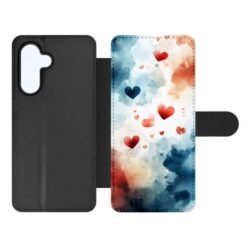 Knížkové pouzdro Creative Case 63 Láska a obloha – Samsung Galaxy A54 5G | Levné Kryty | Levné Kryty Flip-style phone case with black back cover and a colorful hearts pattern on the front cover, shown open with a camera cutout visible on the left. | Levné Kryty