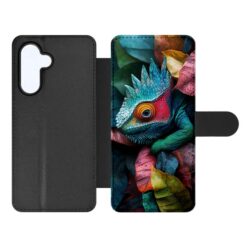 Black folio-style phone case open to show a bright chameleon image on the inner panel; left side features the camera cutout and a magnetic strap on the right. | Levné Kryty