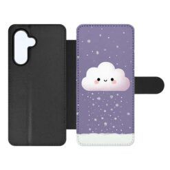 Flip-style phone case: black exterior with a purple inner panel featuring a cute smiling cloud and falling snowflakes. | Levné Kryty