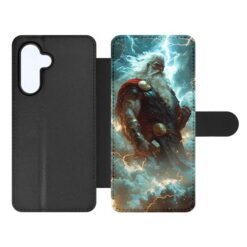 Knížkové pouzdro Creative Case 86 Thor – Samsung Galaxy A54 5G | Levné Kryty | Levné Kryty Black leather-style phone wallet case with a magnetic strap; right panel shows a muscular thunder god amid lightning in a storm. | Levné Kryty
