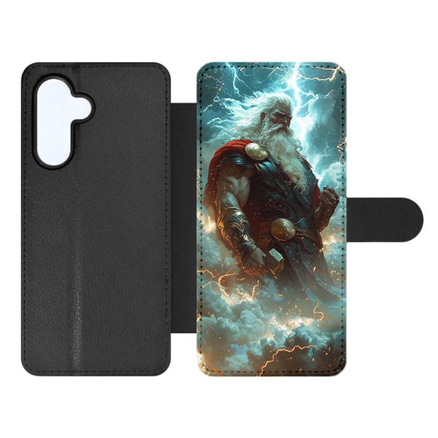 Knížkové pouzdro Creative Case 86 Thor – Samsung Galaxy A54 5G | Levné Kryty | Levné Kryty Black leather-style phone wallet case with a magnetic strap; right panel shows a muscular thunder god amid lightning in a storm. | Levné Kryty