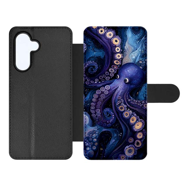 Knížkové pouzdro Creative Case 91 Chobotnice – Samsung Galaxy A54 5G | Levné Kryty | Levné Kryty Folio-style phone case with a blue-purple octopus artwork on the inner panel and a black leather exterior, shown open. | Levné Kryty