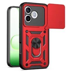 Red rugged phone case with built-in kickstand and a fold-out flap, showing dual-camera setup on the back.