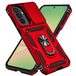 Red rugged smartphone case with metal kickstand, black textured panels, and reinforced corners.