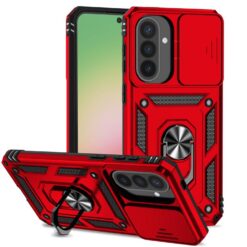 Red rugged protective phone case with a built-in kickstand and circular ring grip, shown on a smartphone screen.