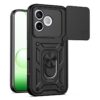 Peněženkové pouzdro Embossing Pattern Slunečnice růžové – Honor 600 Lite | Levné Kryty | Levné Kryty Rugged black phone case with a built‑in kickstand, geometric grip pattern, shown on a green smartphone screen. | Levné Kryty