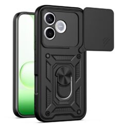 Rugged black phone case with a built‑in kickstand, geometric grip pattern, shown on a green smartphone screen.