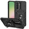 Rugged black phone case with a triple-camera cutout, built-in ring kickstand, and reinforced corners shown from multiple angles | Levné Kryty