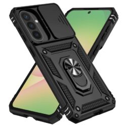 Rugged black phone case with a circular kickstand, shown on a smartphone with a gradient green-to-yellow screen, emphasizing heavy protection and grip. | Levné Kryty