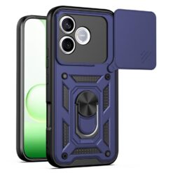 Blue rugged phone case with built-in kickstand and a detachable blue cover, shown on a smartphone fronting the camera area of the device.