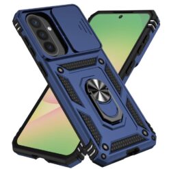 Rugged blue smartphone case with built-in kickstand and hex grille detail, shown on a phone with a multi-lens camera. | Levné Kryty