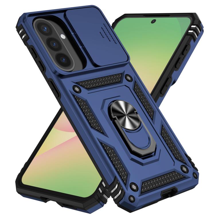 Odolný kryt CamCover Armor modrý – Samsung Galaxy A57 | Levné Kryty | Levné Kryty Rugged blue smartphone case with built-in kickstand and hex grille detail, shown on a phone with a multi-lens camera. | Levné Kryty