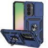Blue heavy-duty phone case with built-in metal ring stand on the back, showcasing a phone with triple-camera setup and protective panels. | Levné Kryty