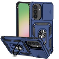 Blue heavy-duty phone case with built-in metal ring stand on the back, showcasing a phone with triple-camera setup and protective panels. | Levné Kryty