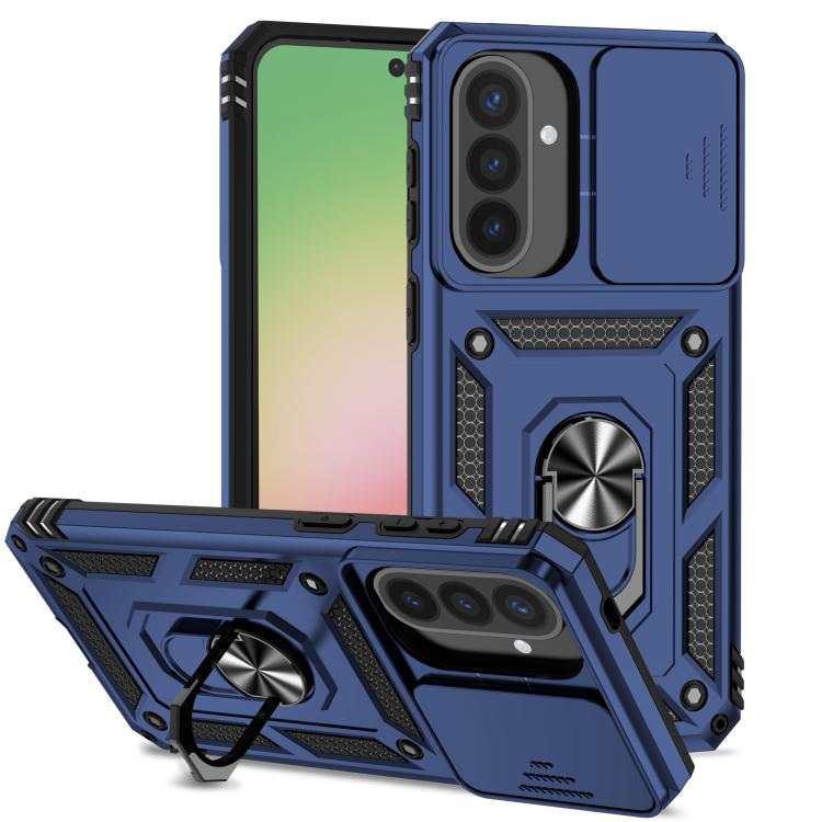 Odolný kryt CamCover Armor modrý – Samsung Galaxy A57 | Levné Kryty | Levné Kryty Blue heavy-duty phone case with built-in metal ring stand on the back, showcasing a phone with triple-camera setup and protective panels. | Levné Kryty