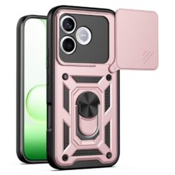 Pink rugged phone case with built-in kickstand and camera protection on a smartphone back view