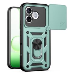 Mint green rugged iPhone case with a kickstand and fold-out cover, showing the triple-camera back.