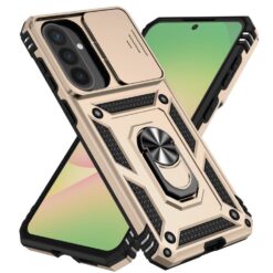 Gold rugged phone case with a built-in metal kickstand, shown on a smartphone backdrop. | Levné Kryty