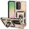 Gold rugged smartphone case with a built-in circular kickstand and reinforced corners, shown on a phone with a triple-camera module in back view | Levné Kryty