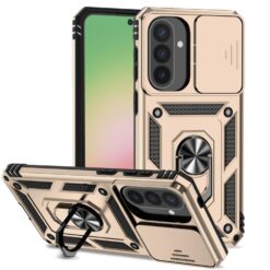 Gold rugged smartphone case with a built-in circular kickstand and reinforced corners, shown on a phone with a triple-camera module in back view | Levné Kryty