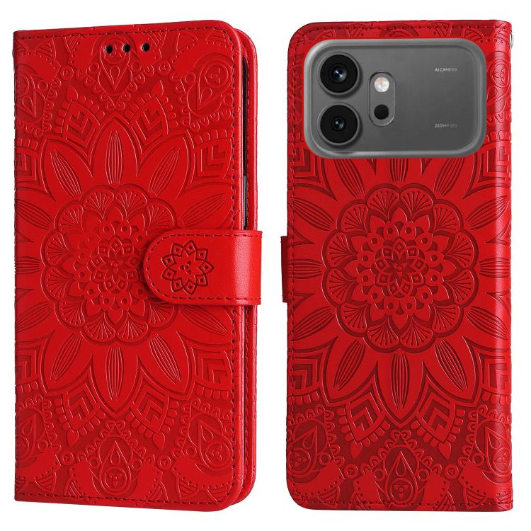 Peněženkové pouzdro Embossing Pattern Slunečnice červené – Honor 600 / Honor 600 Pro | Levné Kryty | Levné Kryty Red wallet-style phone case with an intricate embossed mandala floral pattern, shown from front and back with a magnetic strap. | Levné Kryty