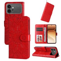 Red embossed wallet-style phone case for a smartphone, shown closed with a magnetic strap and including card slots, a photo slot, and a stand feature.