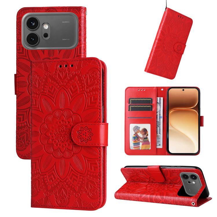 Peněženkové pouzdro Embossing Pattern Slunečnice červené – Honor 600 / Honor 600 Pro | Levné Kryty | Levné Kryty Red embossed wallet-style phone case for a smartphone, shown closed with a magnetic strap and including card slots, a photo slot, and a stand feature. | Levné Kryty