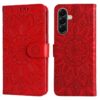 Knížkové pouzdro Creative Case 50 Joga – Samsung Galaxy A57 | Levné Kryty | Levné Kryty Red wallet-style phone case with an embossed mandala pattern and a magnetic clasp, shown from both front and back. | Levné Kryty