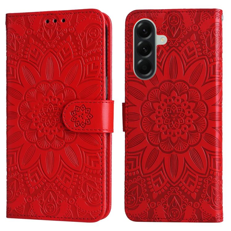 Peněženkové pouzdro Embossing Pattern Slunečnice červené – Samsung Galaxy A57 | Levné Kryty | Levné Kryty Red wallet-style phone case with an embossed mandala pattern and a magnetic clasp, shown from both front and back. | Levné Kryty