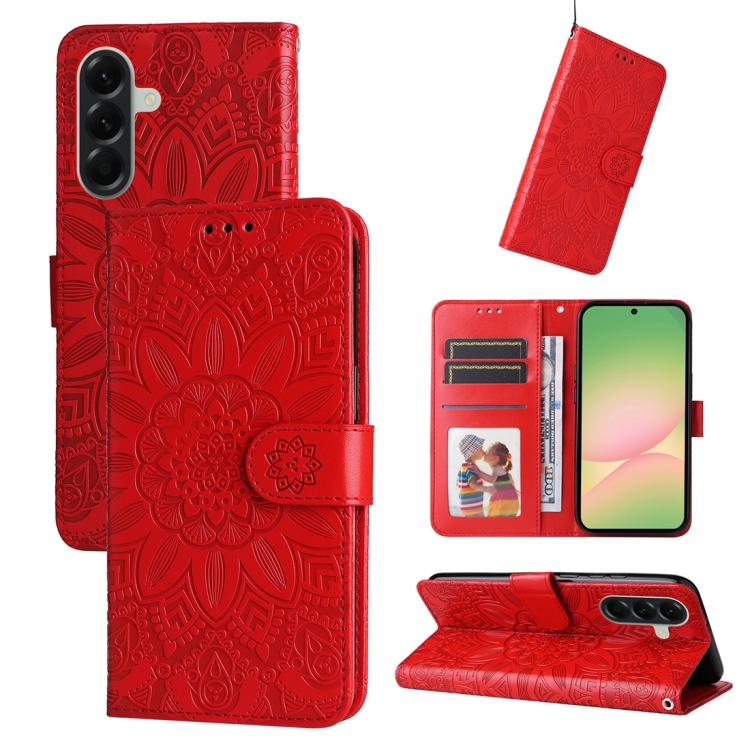 Peněženkové pouzdro Embossing Pattern Slunečnice červené – Samsung Galaxy A57 | Levné Kryty | Levné Kryty Red embossed mandala-patterned wallet phone case with magnetic strap, shown closed, opened to reveal card slots, and in stand mode. | Levné Kryty