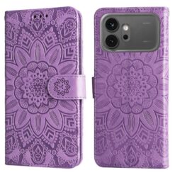 Purple wallet-style phone case with a raised mandala pattern and strap closure (front view). Use: protective case for a smartphone.