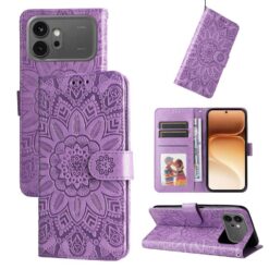Purple phone case with an embossed mandala design, a wallet-style folio with card slots, shown from multiple angles including open and closed.