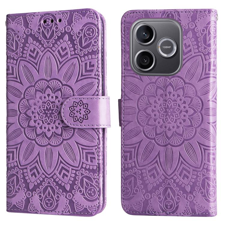 Peněženkové pouzdro Embossing Pattern Slunečnice fialové – Honor 600 Lite | Levné Kryty | Levné Kryty Purple mandala-patterned wallet phone case with magnetic strap, shown from front and back. | Levné Kryty