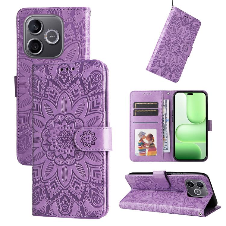 Peněženkové pouzdro Embossing Pattern Slunečnice fialové – Honor 600 Lite | Levné Kryty | Levné Kryty Purple mandala-pattern phone case with card slots and a magnetic strap, shown from multiple angles (front, back, and open for wallet view). | Levné Kryty