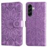 Purple embossed mandala-pattern phone wallet case overlaying a front and back view of a phone, with a magnetic strap. | Levné Kryty